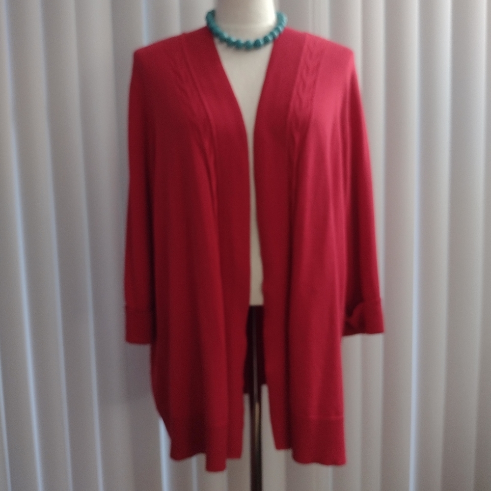 CJ Banks 2X red open front long cardigan with 3/4 length sleeves